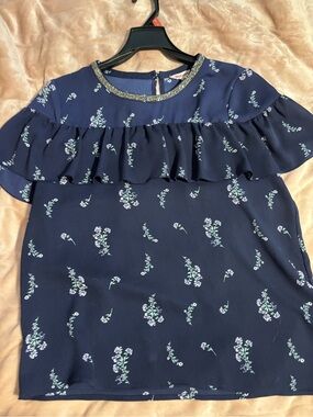 Juicy Couture Navy Floral Ruffle-Trim Blouse with Glitter Neck